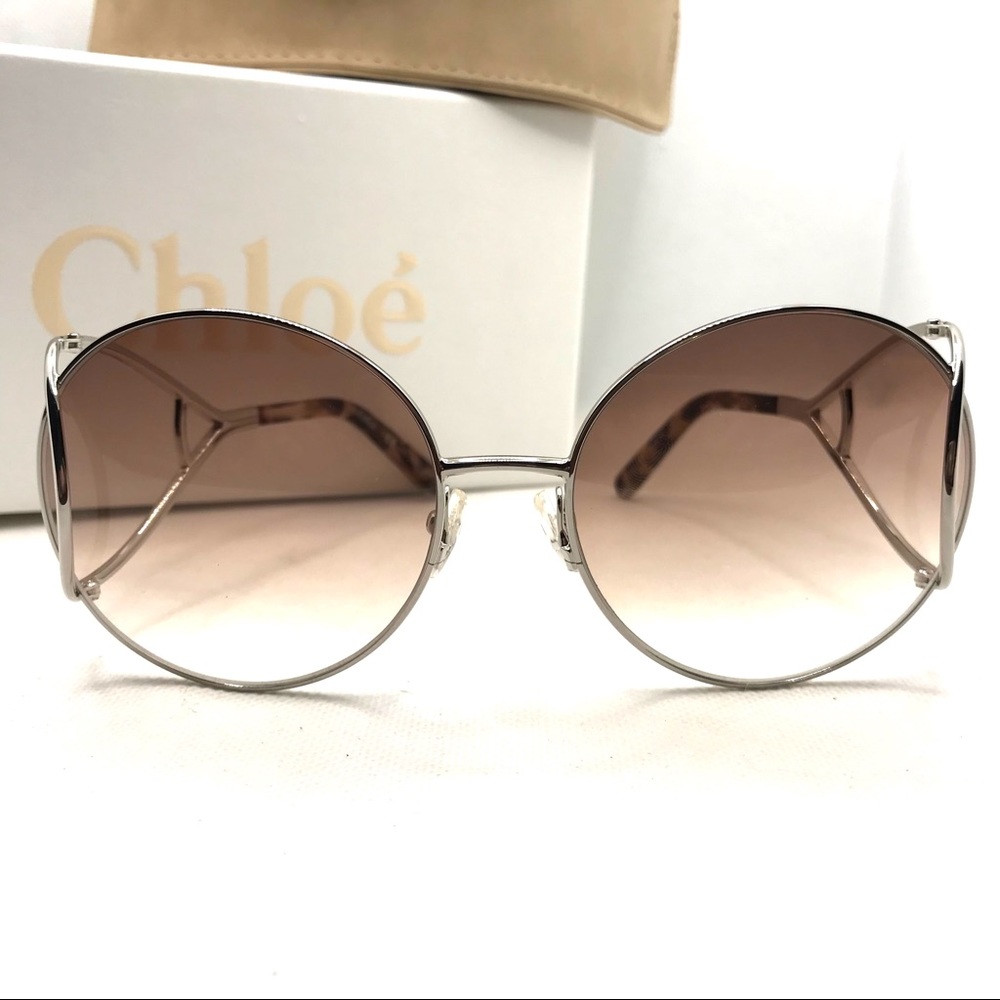CHLOE ROUND FRAME SILVER METAL OVERSIZED SUNGLASSES WITH CASE NIB - Picture 7 of 16